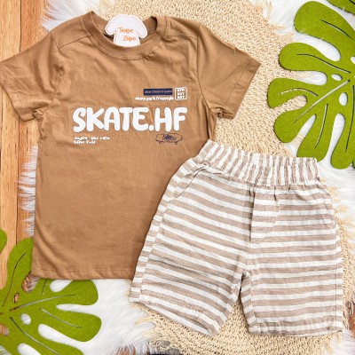 Conj. Camiseta Skate.HF e Bermuda Listrada - Marrom e Areia